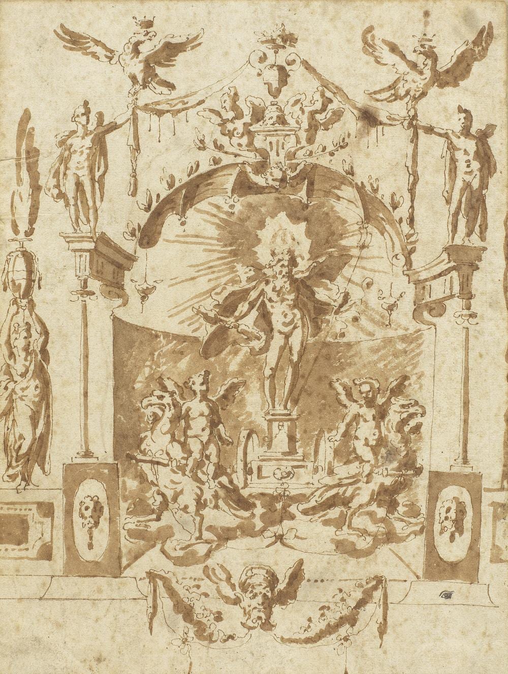 Marco Marchetti comparable auction result: marco marchetti faenza 1528 1588 design for a wall decoration showing jupiter on a chariot in a niche unframed