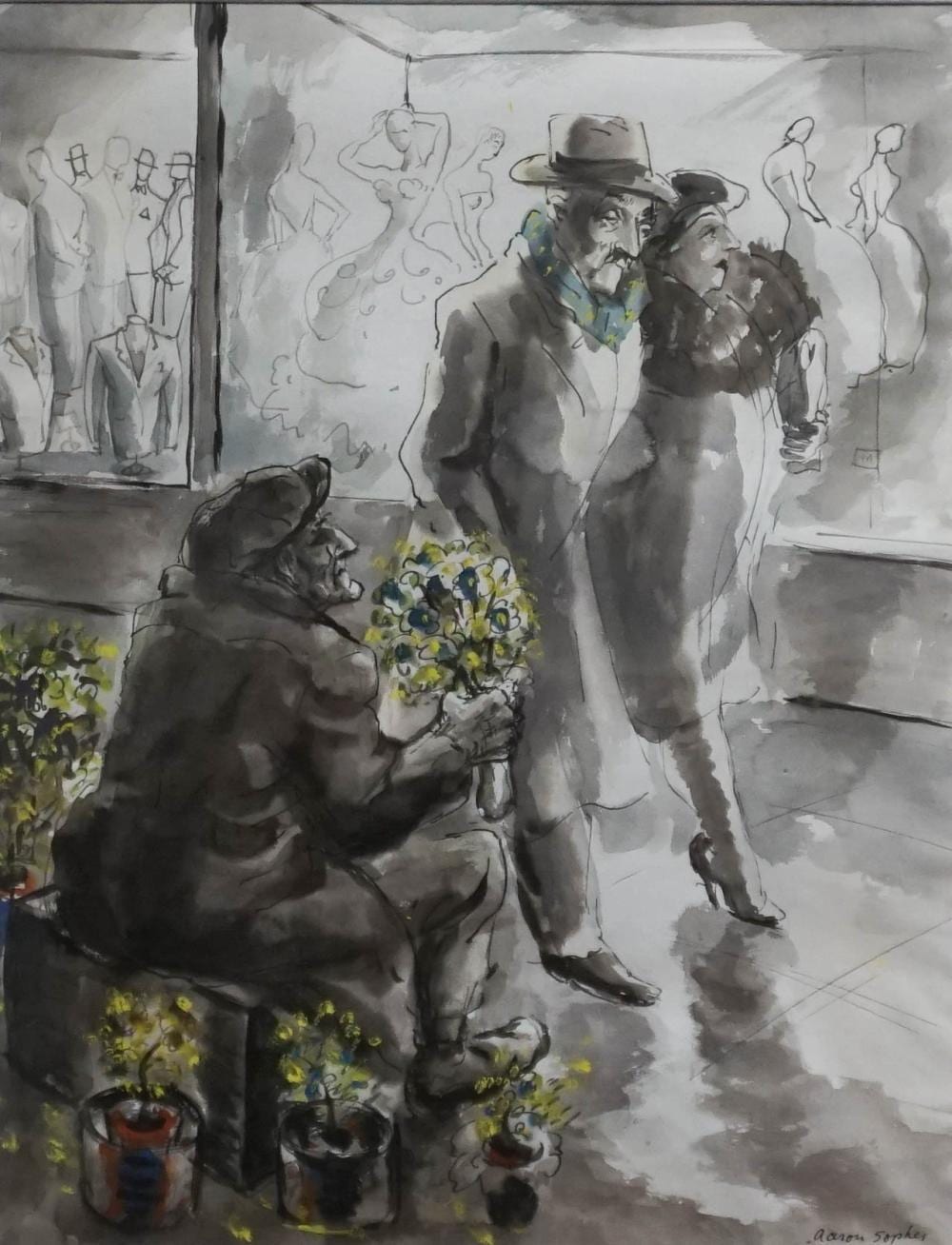 Aaron Sopher comparable auction result: aaron sopher american 1905 1972 the flower seller ink wash and watercolor on paper frame 30 x 24 1 2 in 76 2 x 62 2 cm