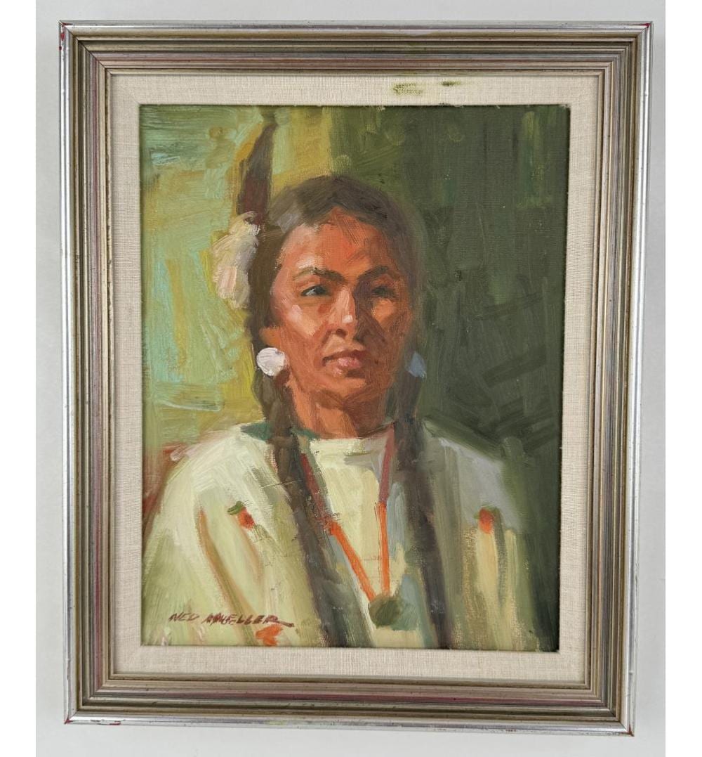 Ned Mueller comparable auction result: ned mueller oil painting of indian maiden