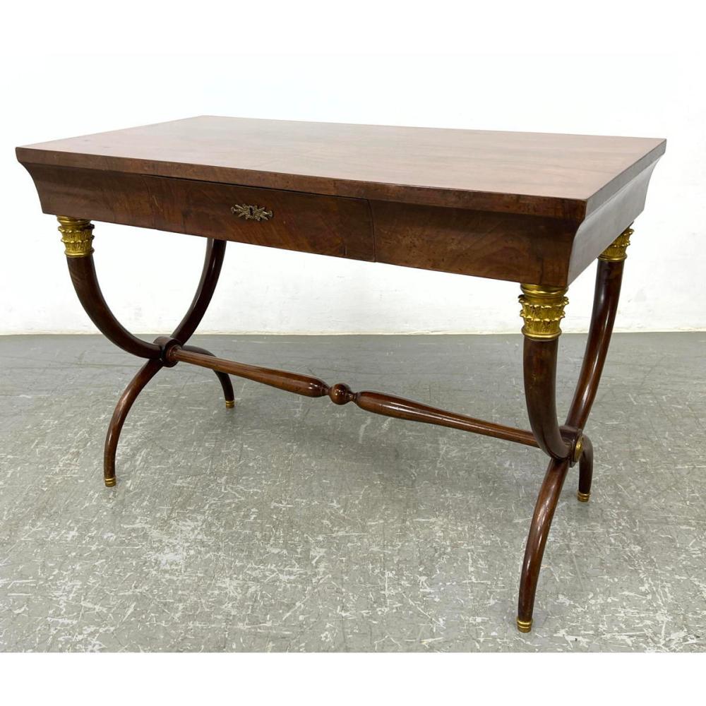 ITALIAN CAMPAIGN EMPIRE STYLE WRITING TABLE DESK MADE IN ITALY. CLASSICAL ARCHED BASE. BRASS ACCENT sold by Uniques & Antiques, lot 220 — auction record photograph