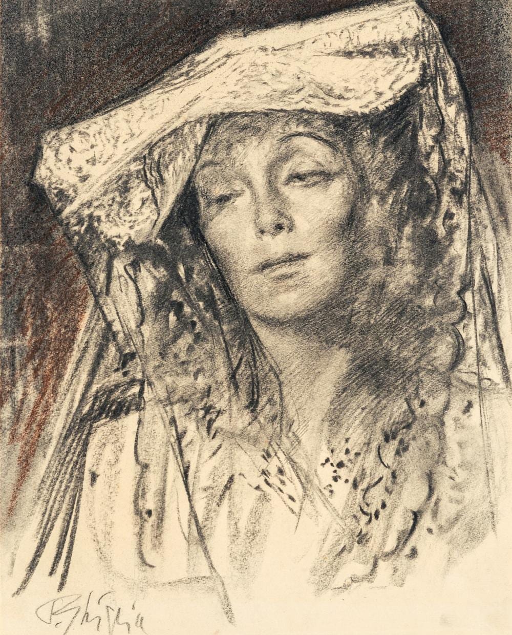Paulo Ghiglia comparable auction result: paulo ghiglia florence 1905 rome 1979 female portrait in costume charcoal and pastels on paper 410x340 mm frame 56x48 cm signed bottom left p ghiglia