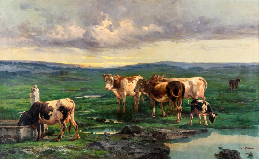 John Edmund Califano comparable auction result: john edmund califano rome 1862 van nuys 1946 cows in the pasture oil on canvas 80 x 130 cm in frame cn 98 x 149 signed bottom right j califano
