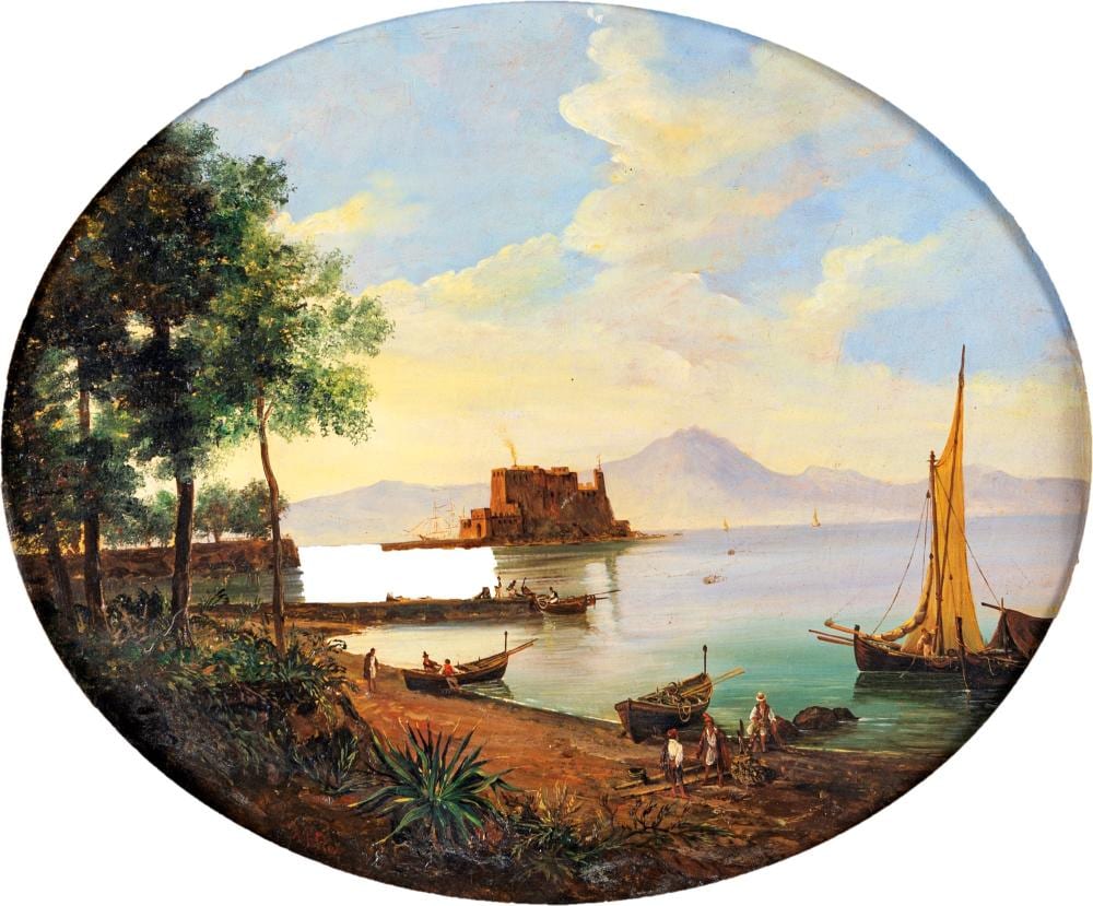 Anton Sminck Pitloo comparable auction result: anton sminck pitloo arnhem 1790 naapoli 1837 marina with castel dell ovo oil on oval canvas 48x58 cm in frame 71x82 cm signed lower left a pitloo