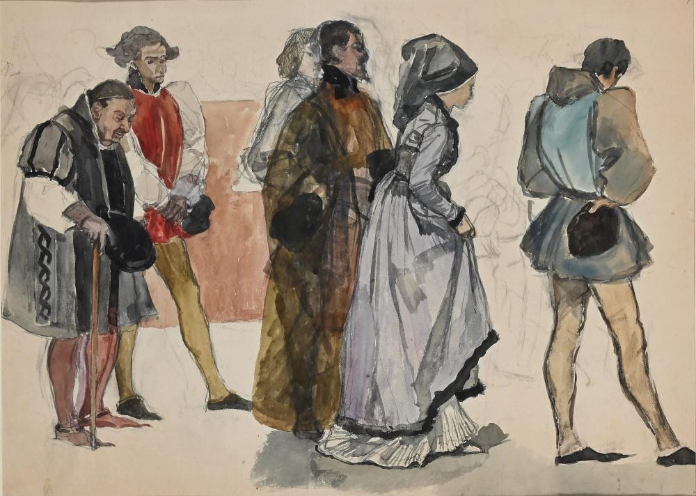 Scipione Vannutelli comparable auction result: scipione vannutelli genazzano 1834 rome 1894 study of figures in renaissance costume watercolor and pencil on paper 350x480 mm in frame 48x62 cm