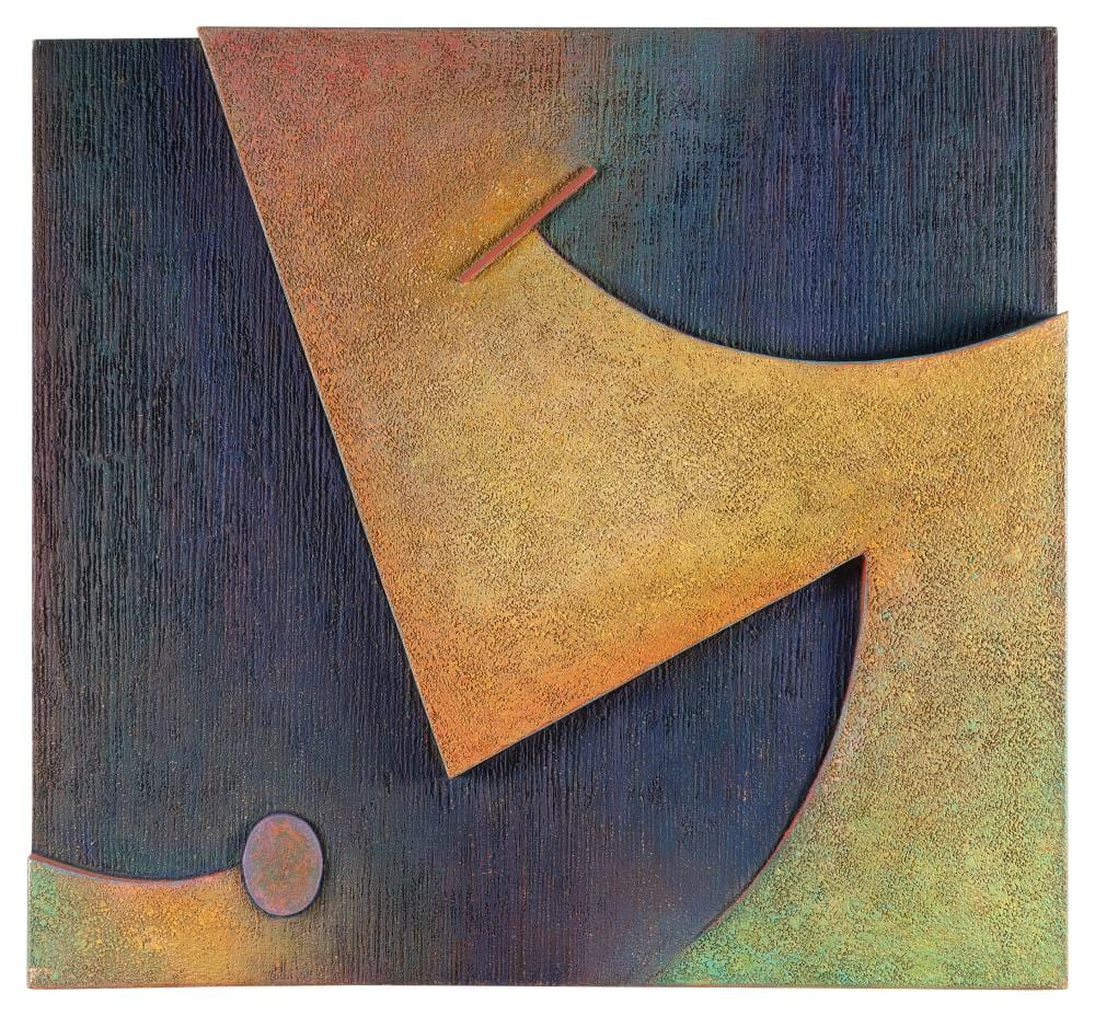 Warren Wolf comparable auction result: warren wolf america 1924 2003 non representational composition oil and marble dust on shaped masonite 40 x 42 unframed