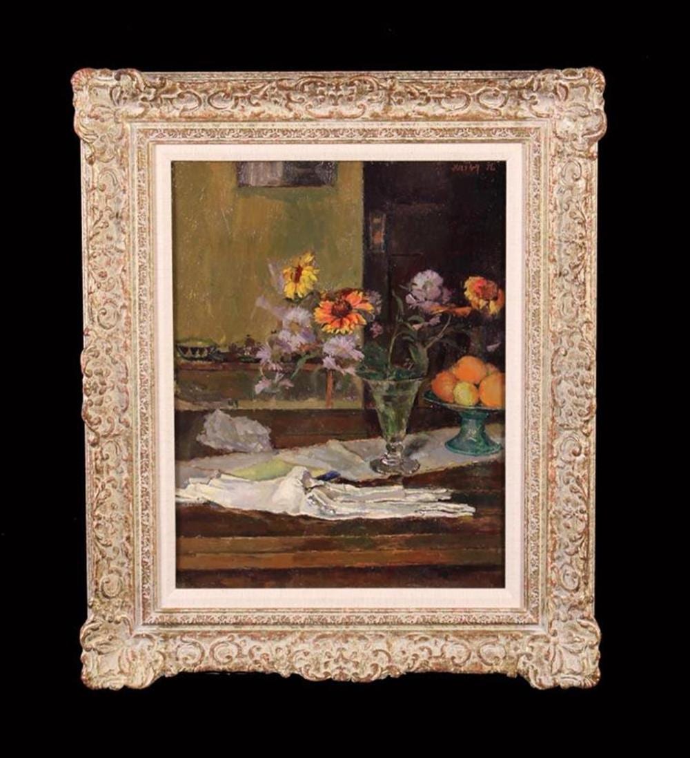 John Linfield comparable auction result: john linfield 1930 2008 still life oil on board signed john linfield and dated 1948 on verso and