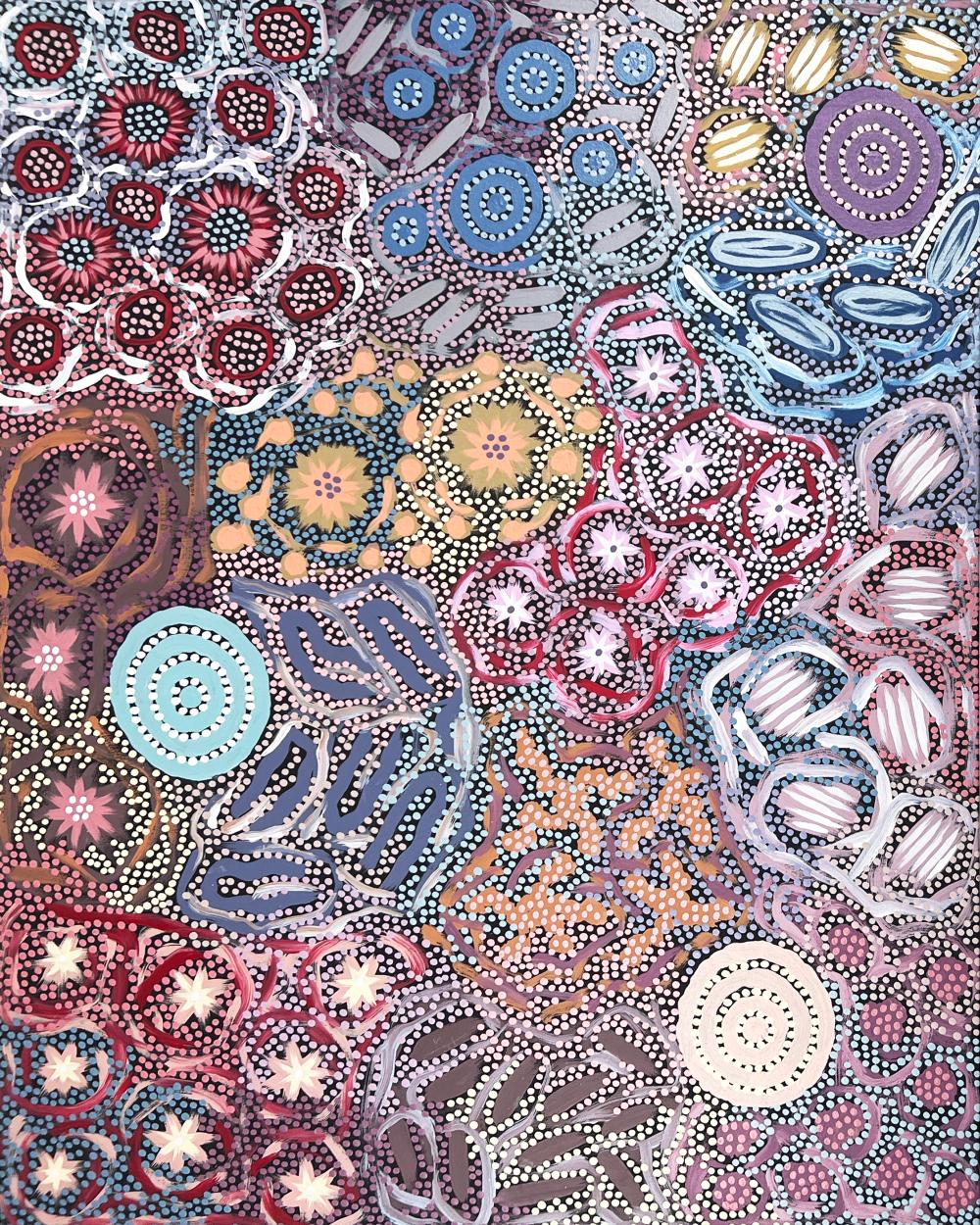 Colorful abstract Indigenous-style painting filled with circular dots, concentric rings, and striped shapes in red, blue, purple, pink, and cream.