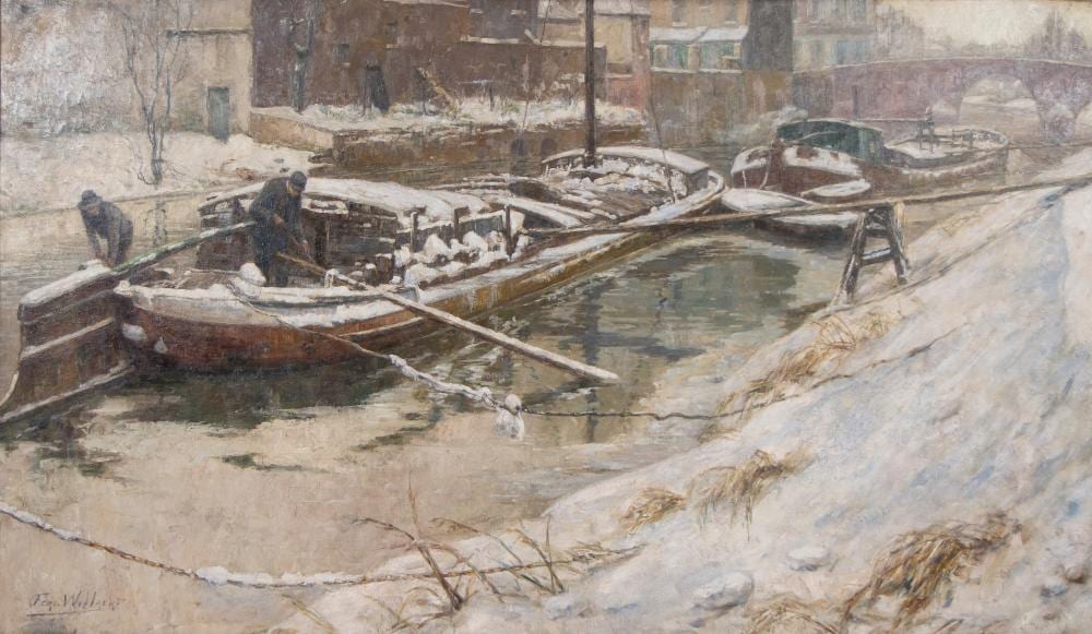 Ferdinand Willaërt comparable auction result: ferdinand willaert 1861 1938 oil on canvas clearing snow from barge signed