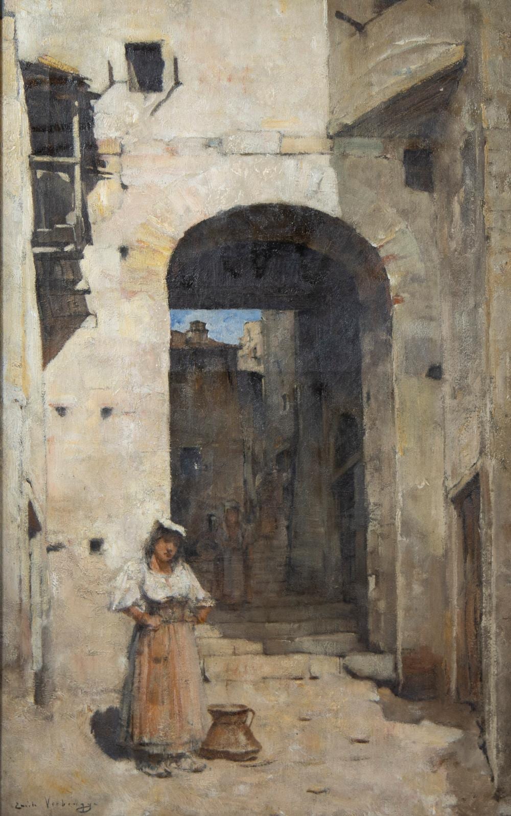 Emile Verbrugge comparable auction result: emile verbrugge 1856 1936 oil on canvas southern village view with girl signed