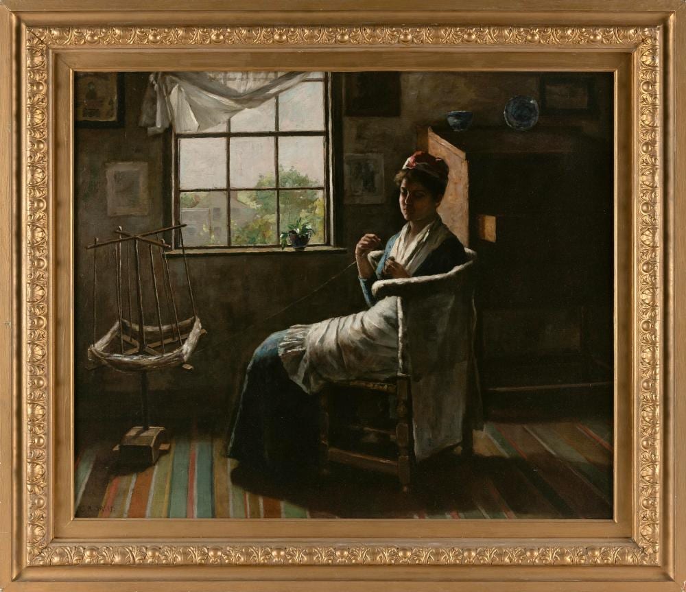 Clement Rollins Grant comparable auction result: clement rollins grant massachusetts maine 1848 1893 interior scene with a young woman winding yarn by the window oil on canvas 25 x 30 framed 32 x 37
