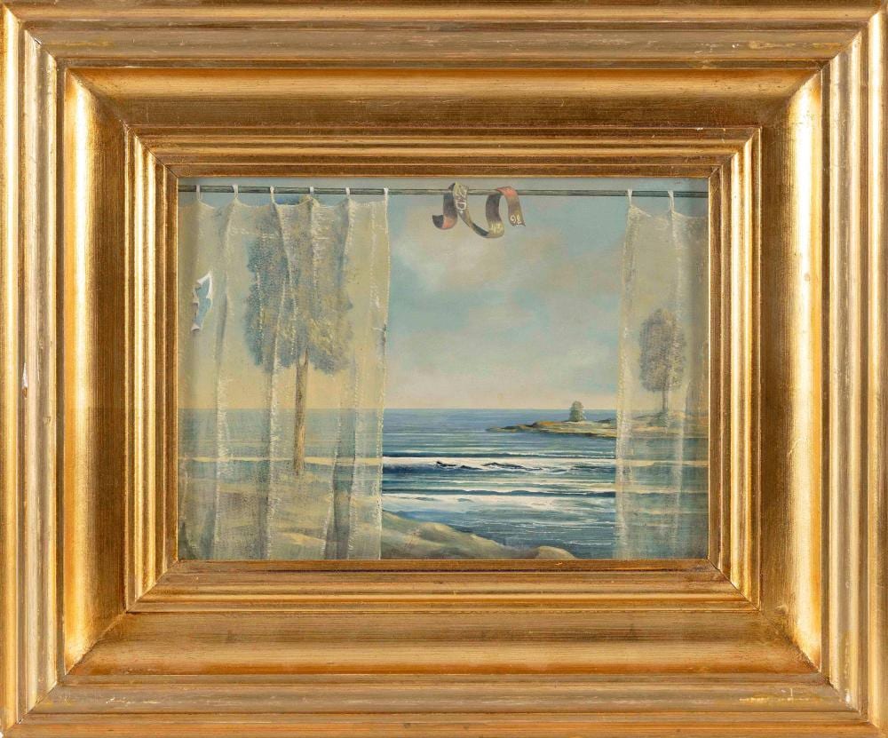 Zamfir Dumitrescu comparable auction result: zamfir dumitrescu romania 1946 the curtains oil on board 9 x 12 framed 16 x 19