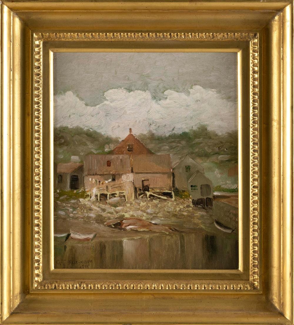 gilbert tucker margeson massachusetts nova scotia 1852 1949 fishing shacks oil on canvas 14 x 12 framed 20 x 18 · Eldred's · 2024-05-24 Gilbert Tucker Margeson comparable auction result: gilbert tucker margeson massachusetts nova scotia 1852 1949 fishing shacks oil on canvas 14 x 12 framed 20 x 18