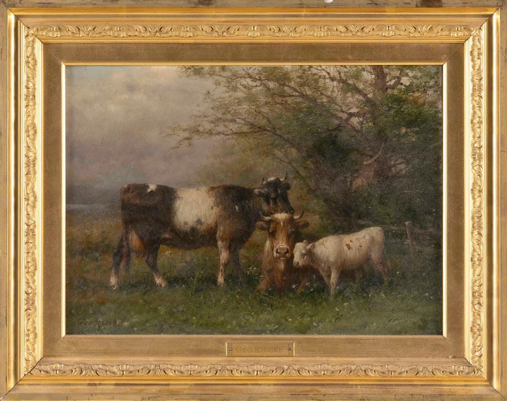 George Riecke comparable auction result: george riecke wisconsin new york 1848 1930 pastoral landscape with two cows and a sheep oil on canvas 9 75 x 13 75 framed 14 5 x 18 5