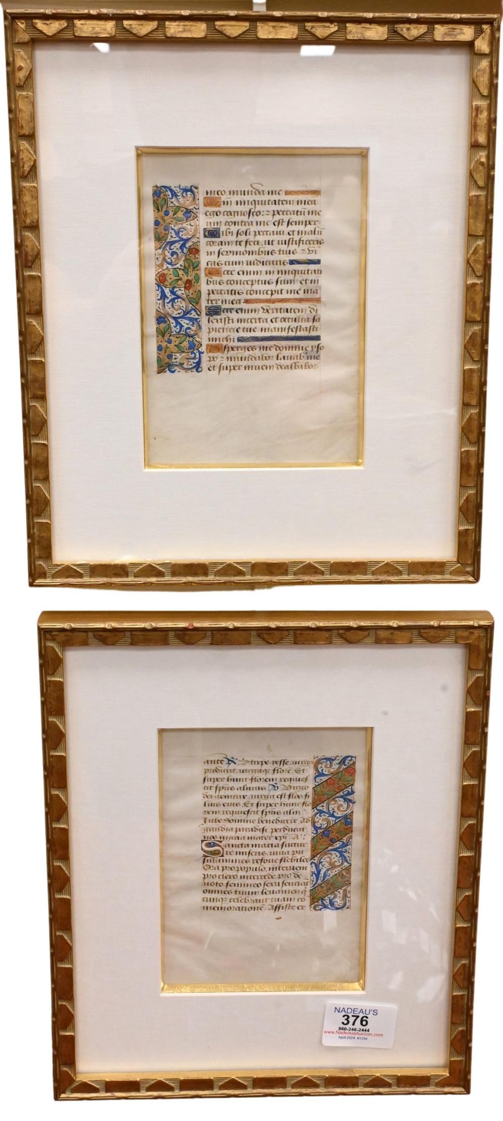 Pair of Illuminated Manuscripts "Book of Hours" Pages, Hand painted on vellum having gold leaf border, School of Matre Francoise, circa 15th century or later, (Both front and back pages visible in frame), 6" x 4", Pro... sold by Nadeau's Auction Gallery, lot 376 — auction record photograph