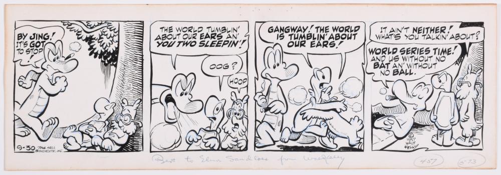 Walt Kelly comparable auction result: walt kelly american 1913 1973 pogo daily comic strip original 1957 pen and ink over blue pencil card card 5 3 4 x 17 in 14 6 x 43 2 cm