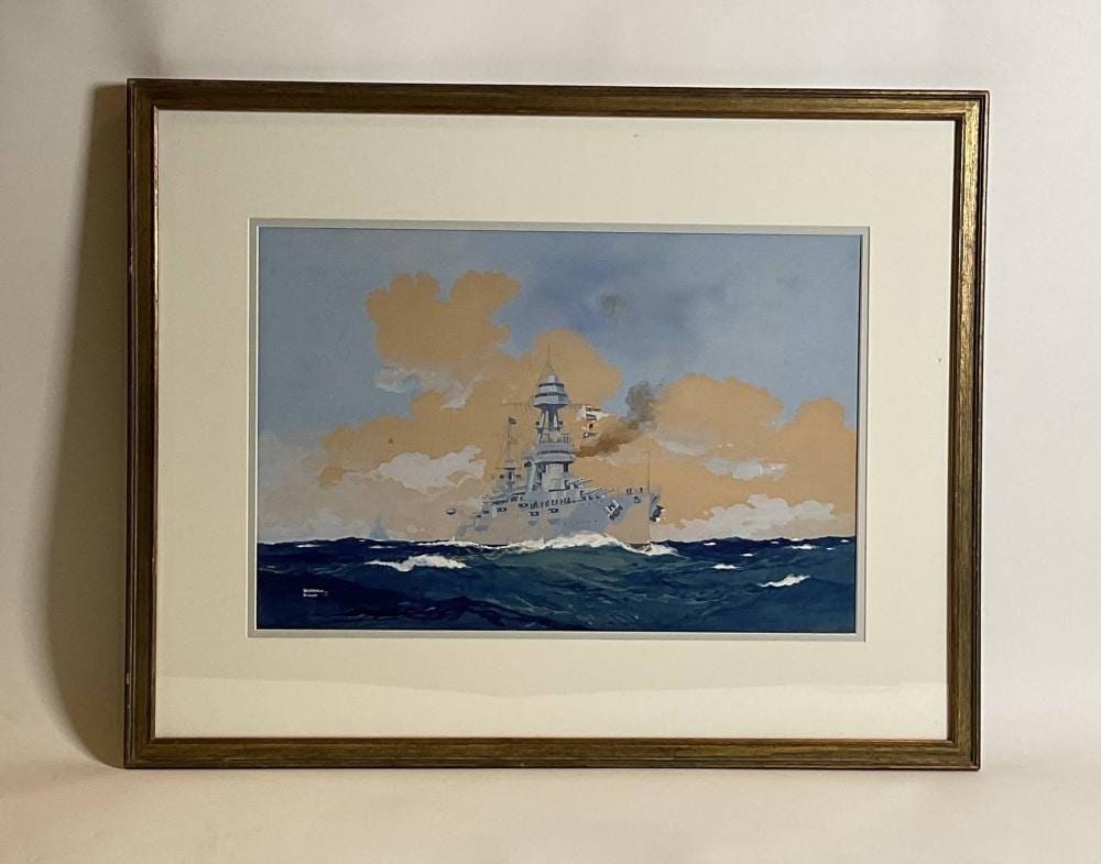 Worden Wood comparable auction result: battleship arizona american warship painting by worden wood