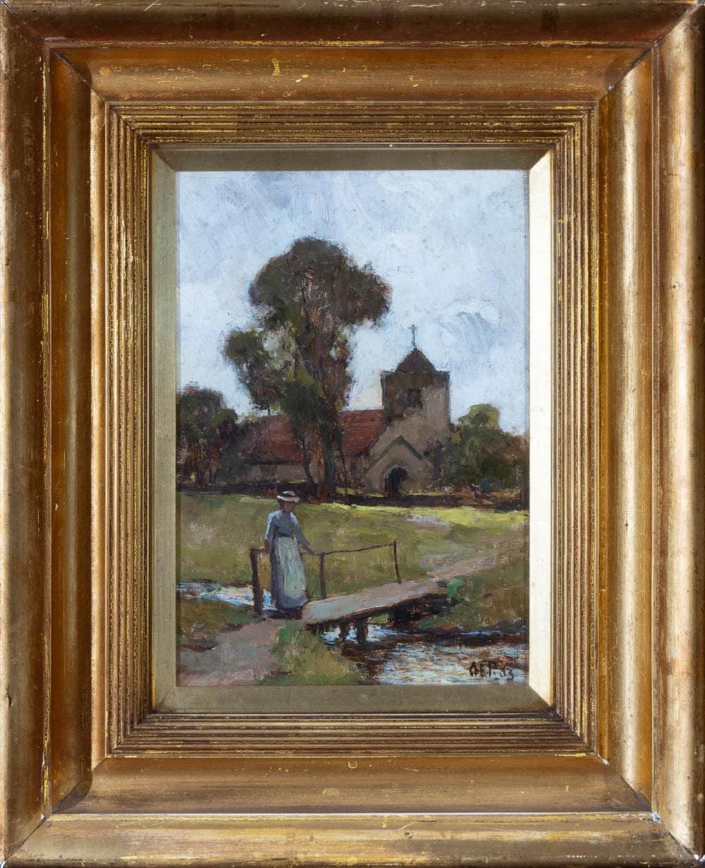 Adam E. Proctor comparable auction result: adam edwin proctor untitled woman on a bridge 1883 possibly sussex uk oil on birchmore board 24 x 13cm frame size 40 x 33cm