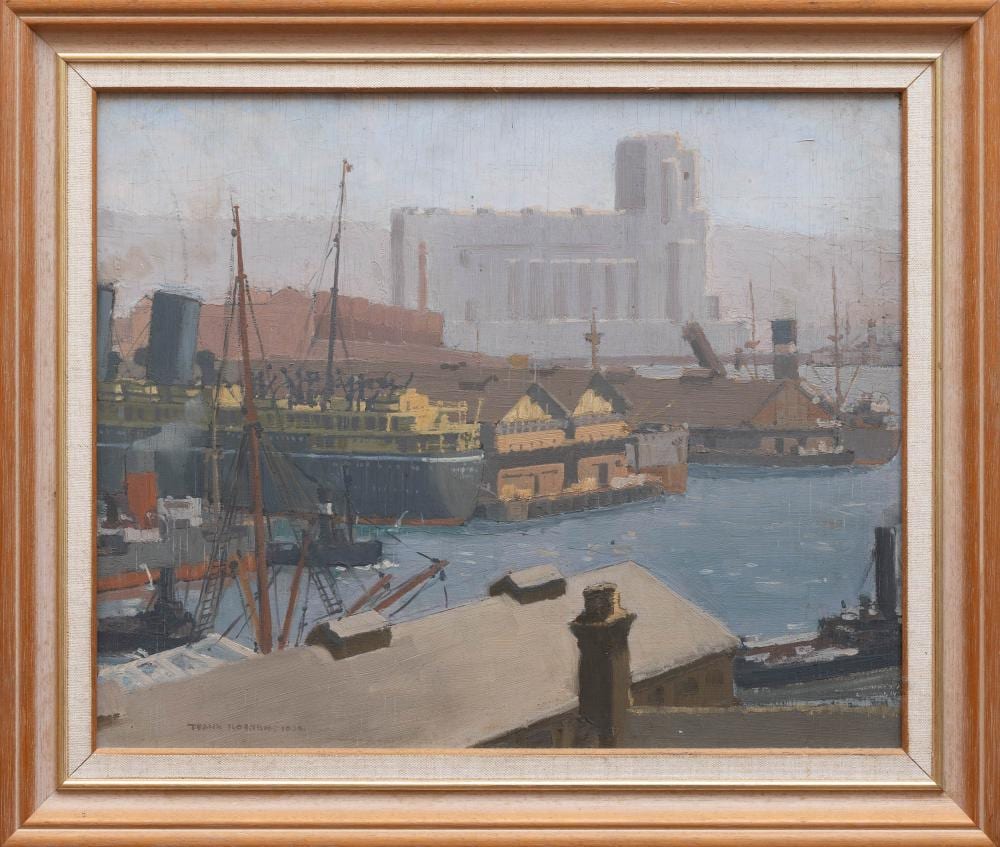 Frank Norton comparable auction result: frank norton dockyard 1934 oil on board 33 x 41cm frame size 43 x 52cm