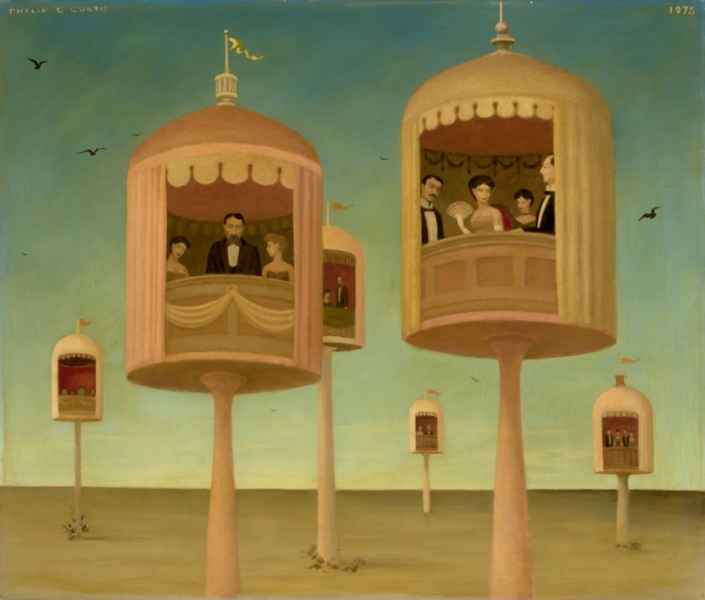 philip campbell curtis 1907 2000 box seats 22 x 25 7 8 in 55 9 x 65 7 cm painted in 1975 · Bonhams · 2024-05-01 Philip Campbell Curtis comparable auction result: philip campbell curtis 1907 2000 box seats 22 x 25 7 8 in 55 9 x 65 7 cm painted in 1975