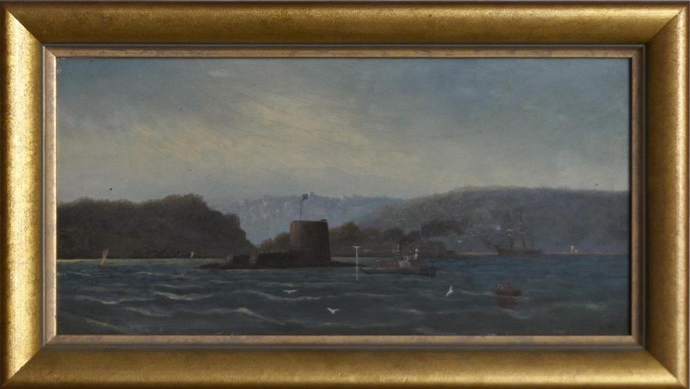 Valentine Delawarr comparable auction result: val delawarr fort dennison sydney harbour oil on board signed lower right 13 5 x 28cm frame size 19 5 x 34 5cm