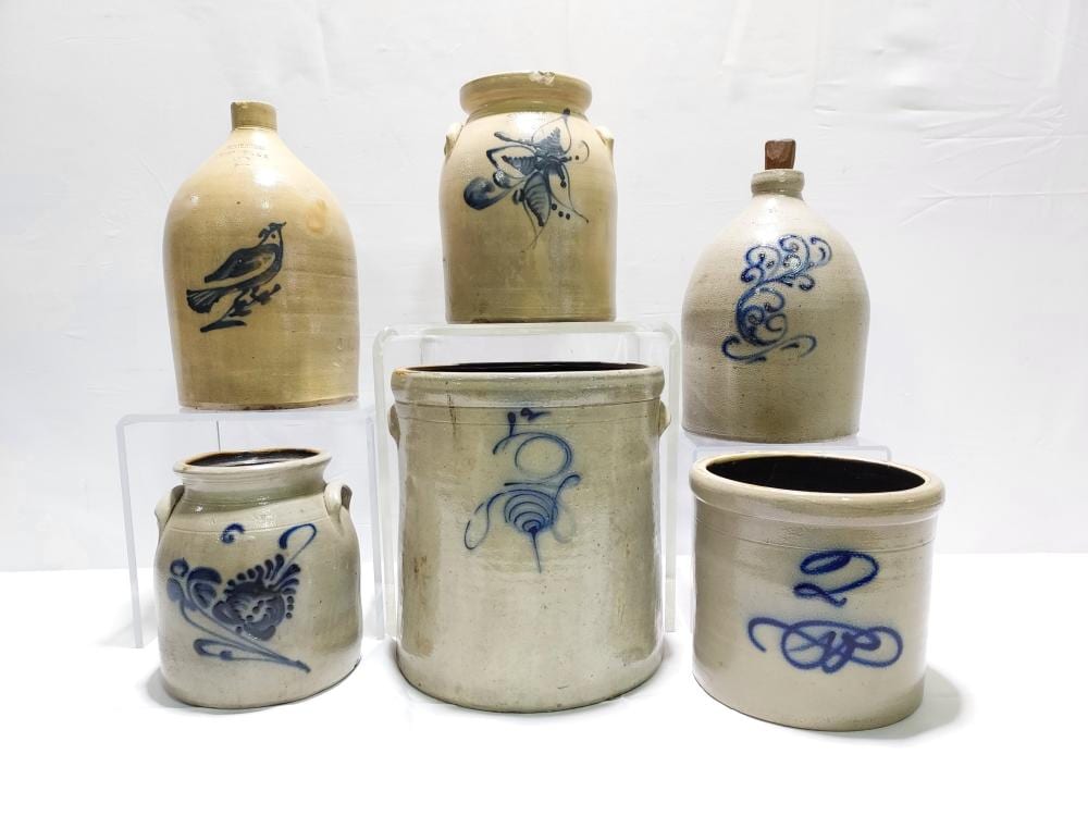 SIX ANTIQUE SALT GLAZED STONEWARE CROCKS & JUGS sold by Auctions Neapolitan, lot 6 — auction record photograph