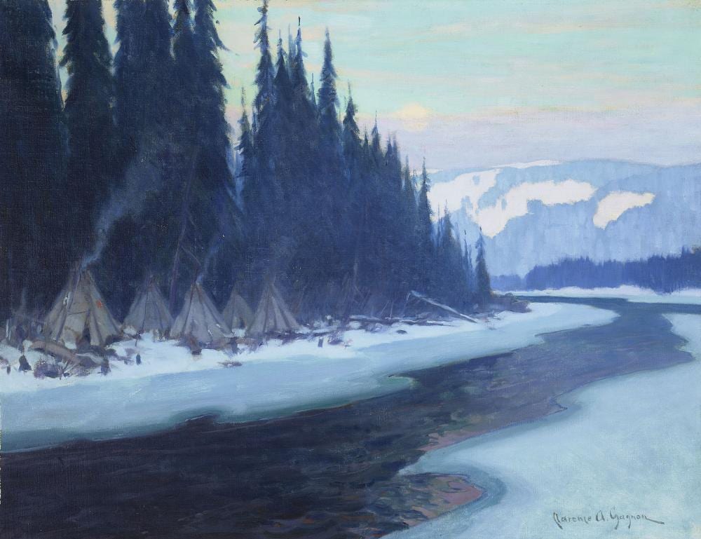 Clarence Alphonse Gagnon comparable auction result: clarence alphonse gagnon canadian 1881 1942 winter camp along a river quebec 19 3 4 x 25 1 2 in framed 25 3 4 x 31 1 2 in