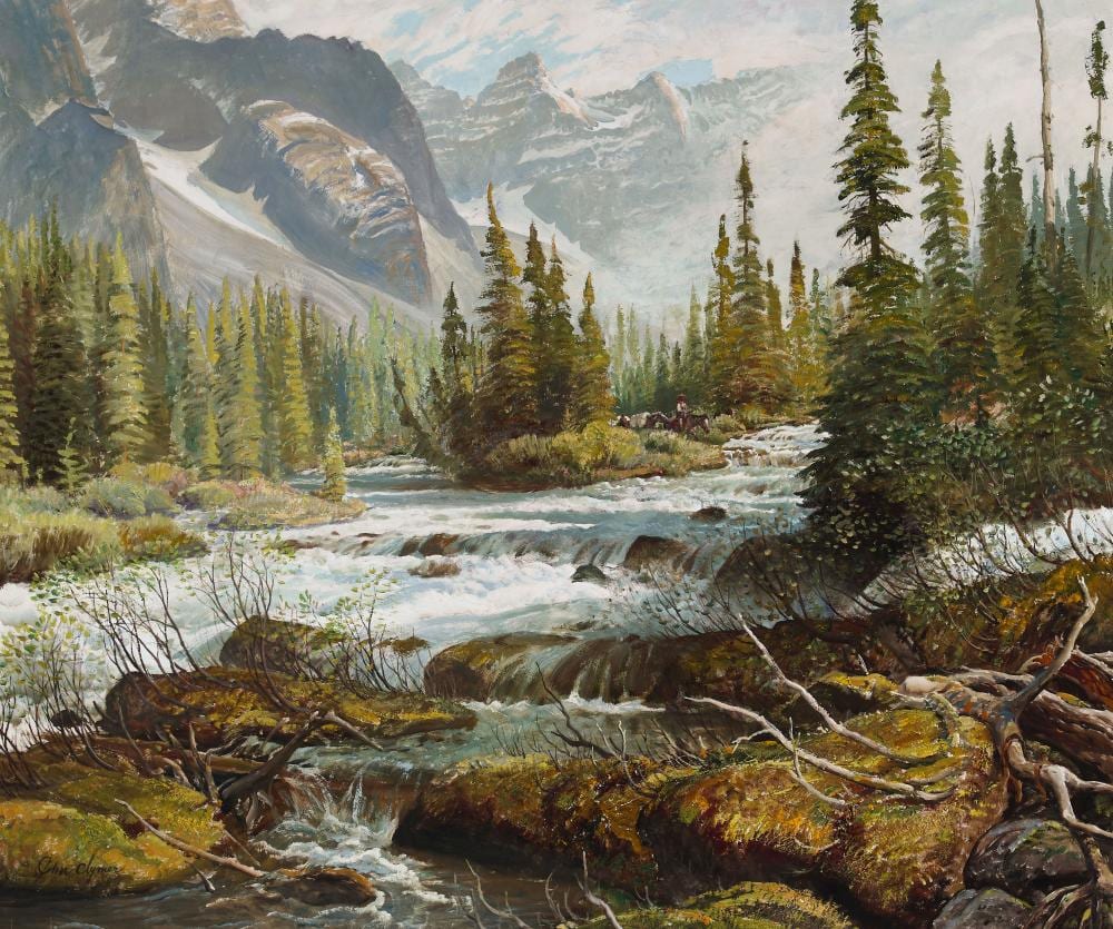 John Ford Clymer comparable auction result: john ford clymer 1907 1989 where the cool moss grows morain river 30 x 36 in framed 40 1 2 x 46 1 2 in