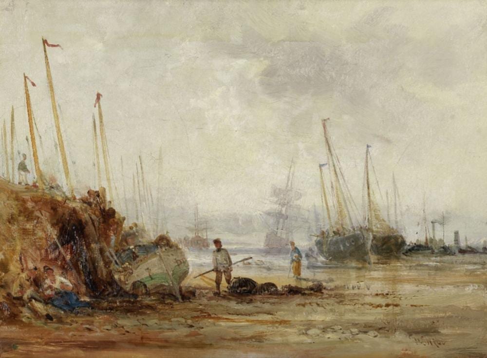 William Edward Webb comparable auction result: william edward webb british 1862 1903 figures on a shore at low tide on the harbour side a pair