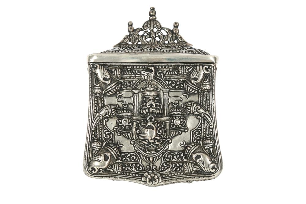 A LATE 18TH - 19TH CENTURY SILVER REPOUSSÉ PALASKA GUNPOWDER CARTRIDGE MILITARY CASE sold by Chiswick Auctions, lot 111 — auction record photograph