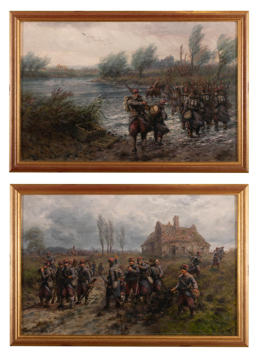 THOMAS ROSE MILES (1844-1916) The Advance Guard and Crossing the Ford A pair, oil on board, 30 x 45.5cm (11¾ x 18) Signed Exhibited: London, November 1991, David Cohen Fine Art, 'The Great War Exhibition', Cat No 133 sold by Adam's, lot 263 — auction record photograph