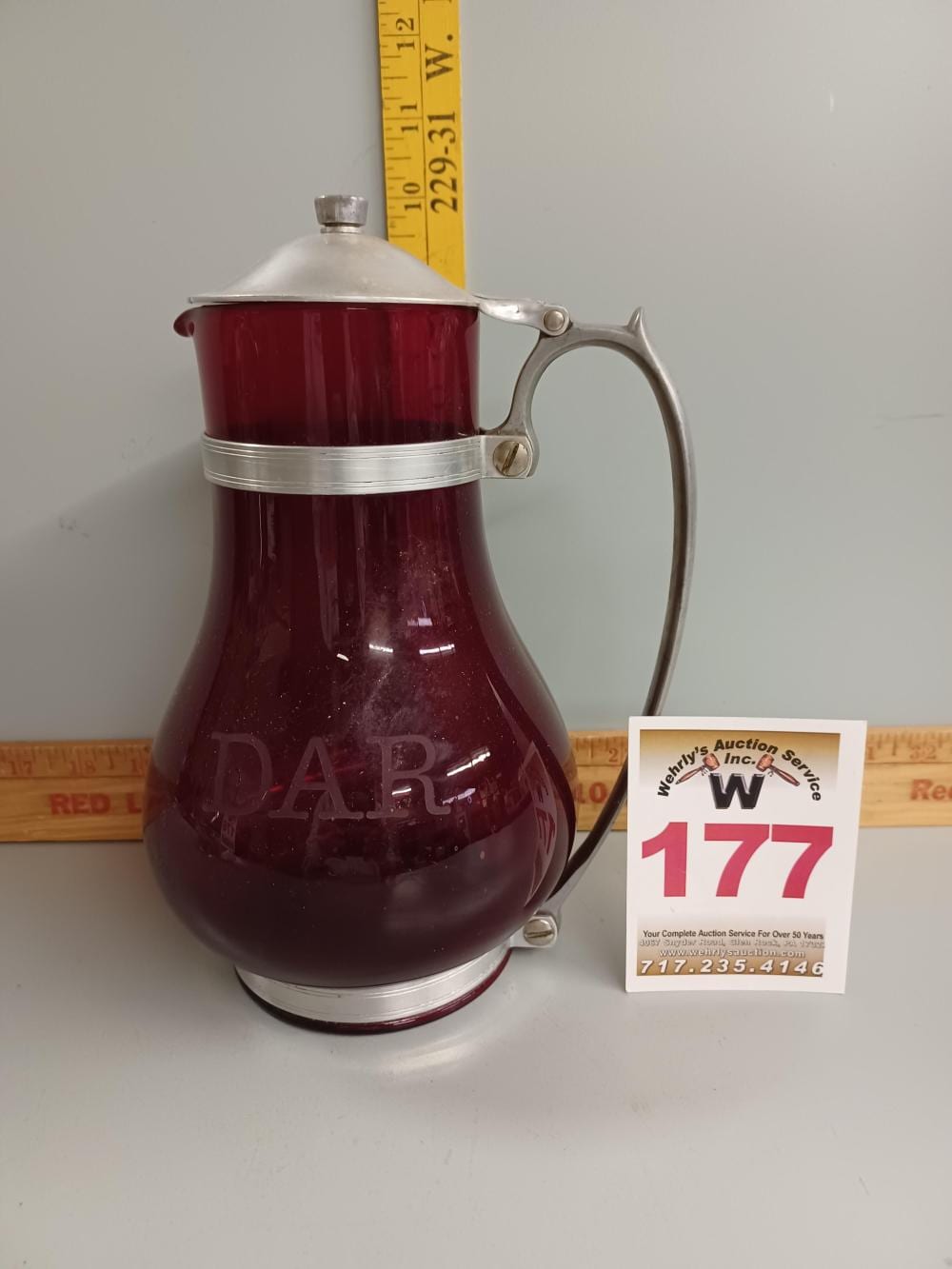 DAR Glass Pitcher sold by Wehrly's Auction Service, lot 177 — auction record photograph