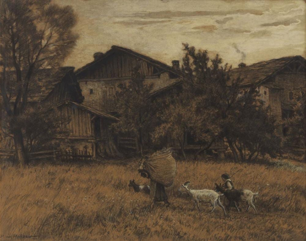 Henri van Muyden comparable auction result: henri van muyden 1860 1936 la vie champ tre dans la vall e fusain et cra