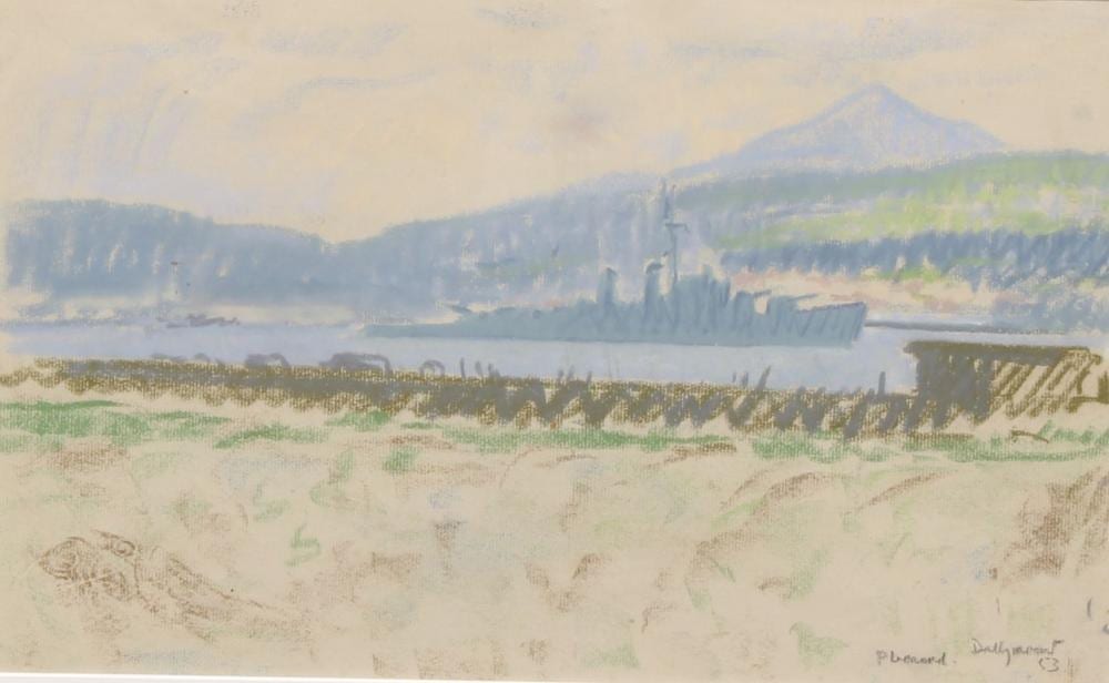 Patrick Leonard comparable auction result: patrick leonard irish school h r h a 1918 2005 naval exercise off dollymount dublin 1953 signed chalk 29cm x 46cm