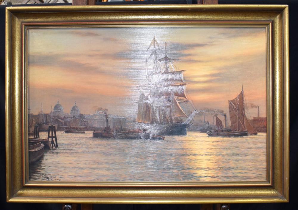 Rodney Charman comparable auction result: rodney charman b 1944 a large framed oil on board of the thames at greenwich 45 x 71 cm