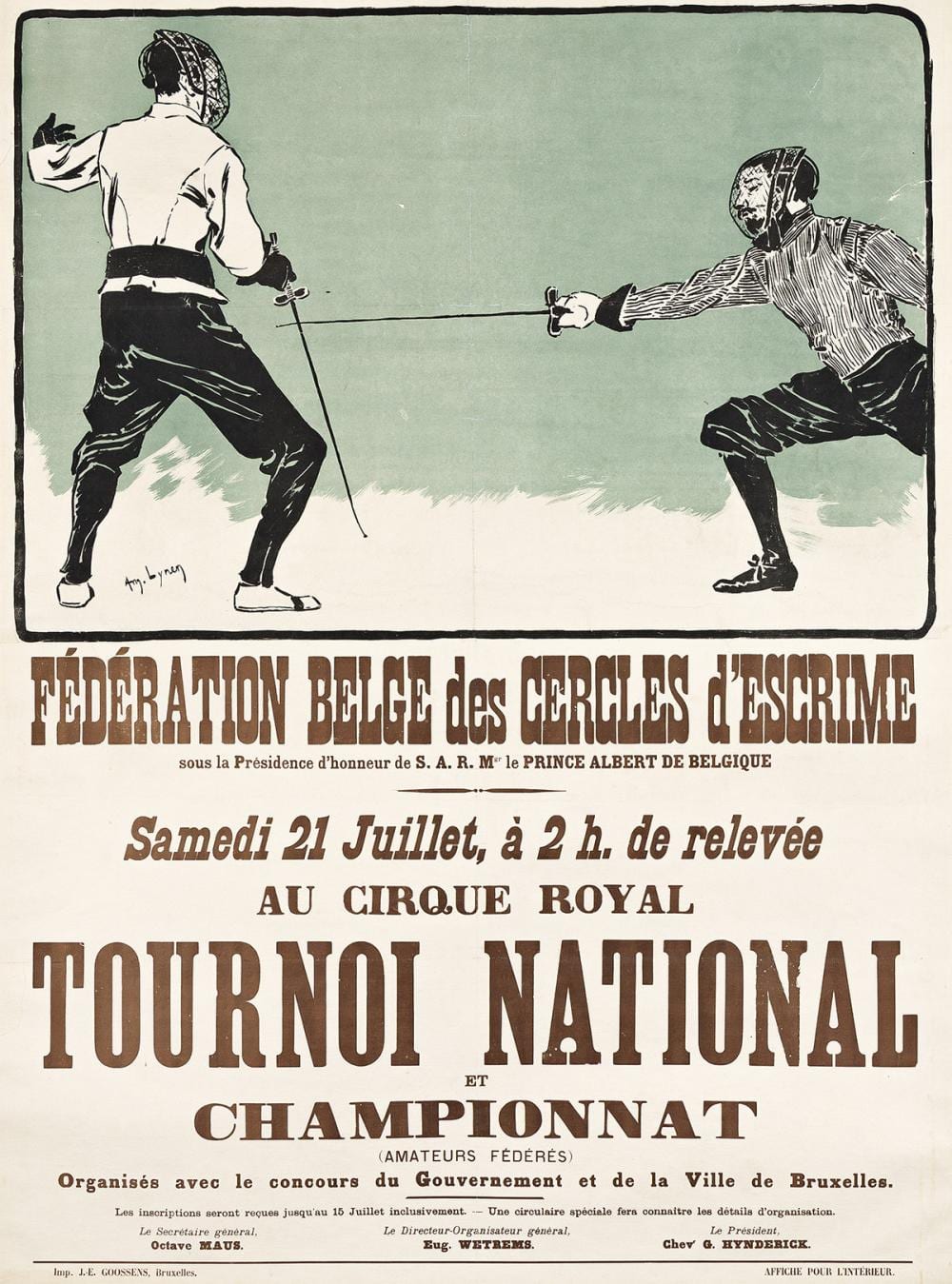 am d e ernest lynen 1852 1938 f d ration belge des cercles d escrime tournoi national circa 1906 47 x35 inches 120 x89 cm j e · Swann Auction Galleries · 2024-05-09 Amédée Ernest Lynen comparable auction result: am d e ernest lynen 1852 1938 f d ration belge des cercles d escrime tournoi national circa 1906 47 x35 inches 120 x89 cm j e