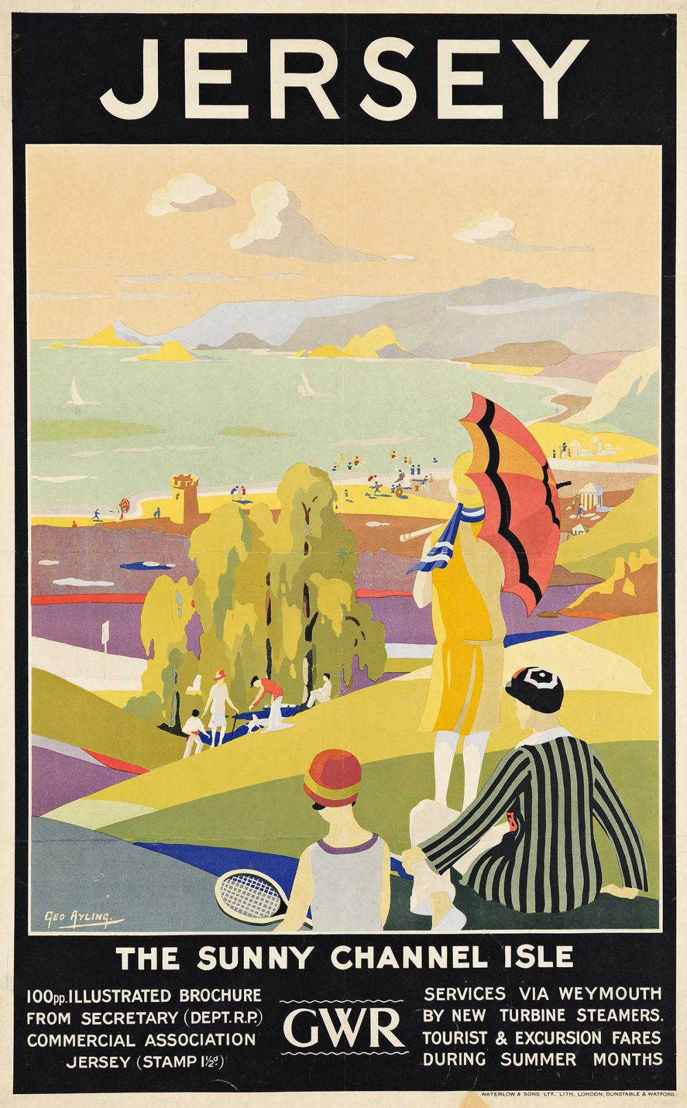 George Ayling comparable auction result: george ayling 1887 1960 jersey the sunny channel isle 39 x25 inches 100 x63 cm waterlow sons ltd london