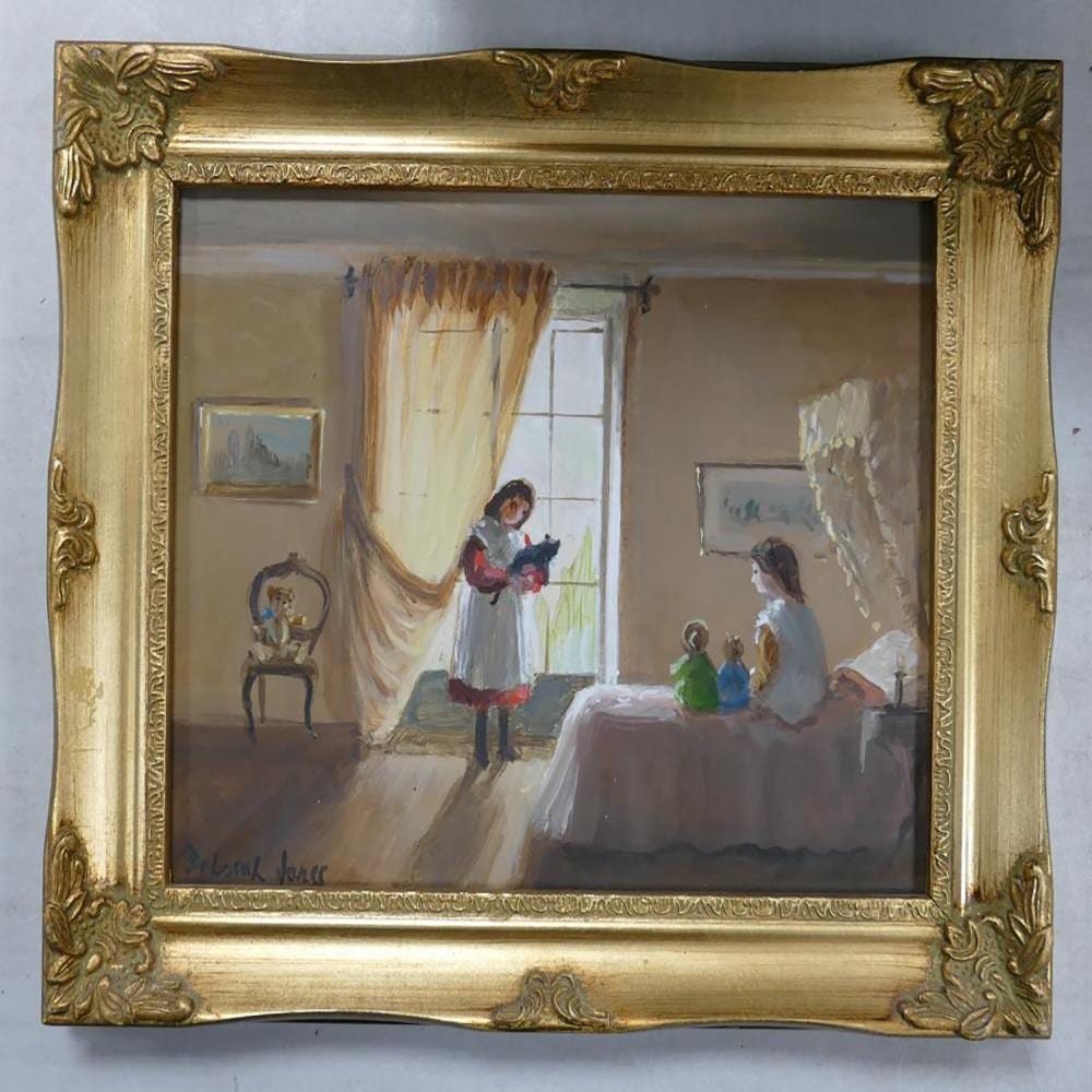 Deborah Jones comparable auction result: deborah jones 1921 2012 two girls playing with a cat in a childs bedroom gilt framed oil on canvas height 25 6cm width 31cm