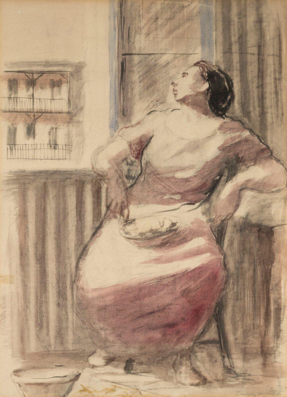 Eduardo Vicente comparable auction result: eduardo vicente p rez madrid 1909 1968 en balc n ink and watercolor on paper it has a frame of the nineteenth century signed in the lower right corner