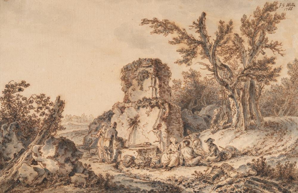 Johann Georg Wille comparable auction result: johann georg wille 1715 biebertal bei gie en paris 1808 bauern bei einem brunnen