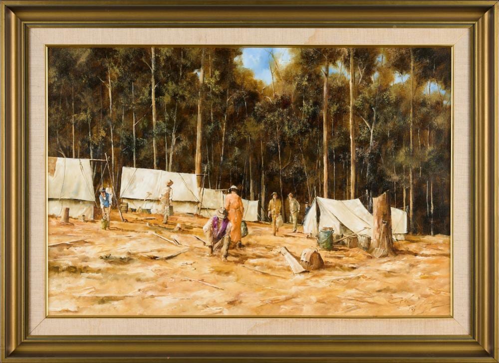 John Guy comparable auction result: john guy 1944 2000 the gathering oil on canvas 60x90cm