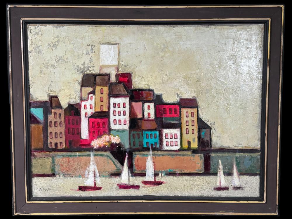 DAVID ADICKES "PORT SCENE" ACRYLIC ON PANEL sold by Lewis & Maese Antiques & Auctions, lot 184 — auction record photograph