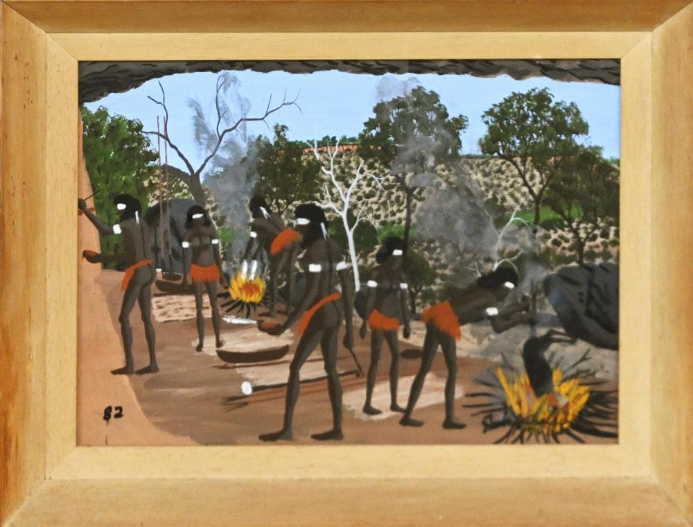 Goobalathaldin comparable auction result: dick roughsey tribes of laura cape york 1982 oil on board signed lower right dated lower left 29 5 x 39cm frame size 40 x 50cm