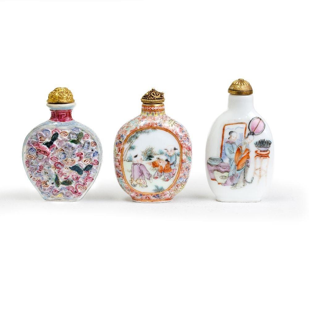 Three Chinese famille rose snuff bottles sold by Roseberys, lot 212 — auction record photograph