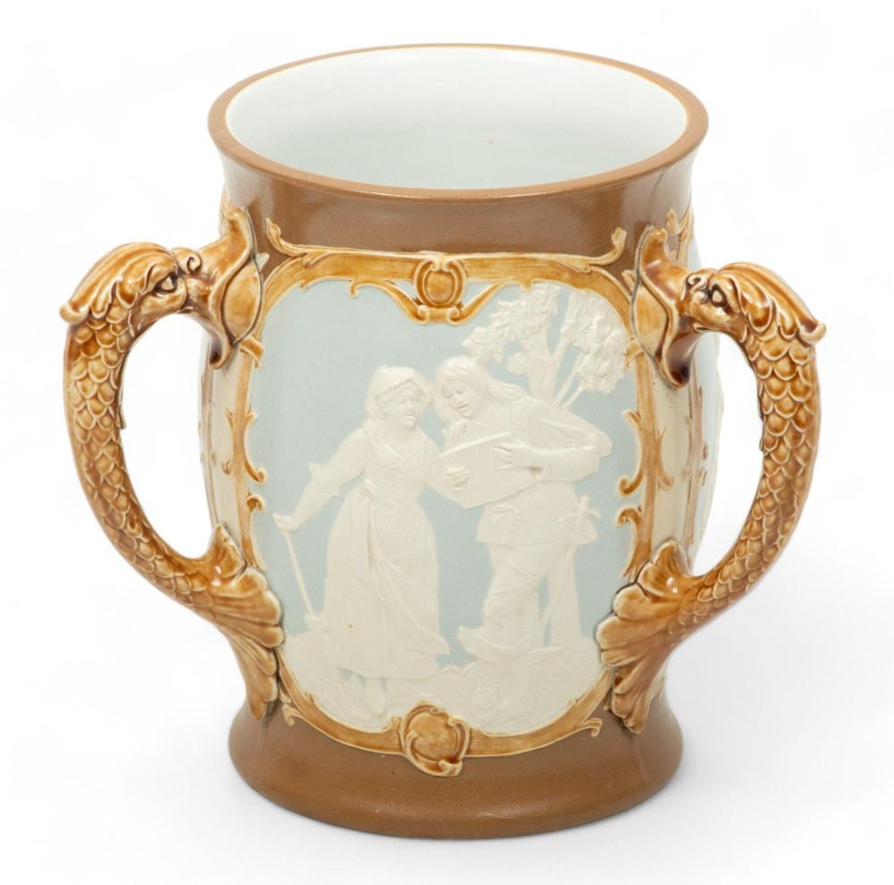 Mettlach comparable auction result: mettlach german ceramic loving or passing cup ca 1920 h 6 5 w 7 l 7