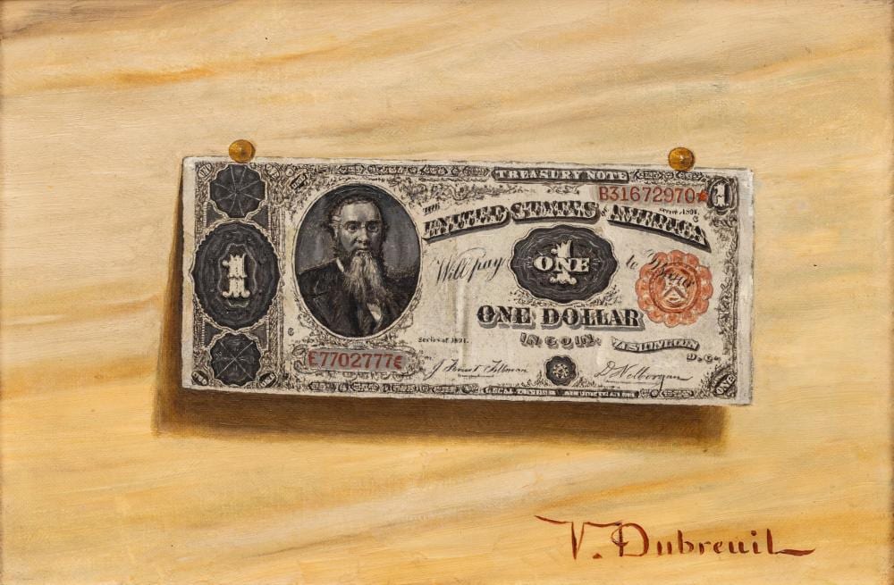 Victor Dubreuil comparable auction result: victor dubreuil american 1846 1946 trompe l il oil on canvas one dollar h 7 75 w 11 75