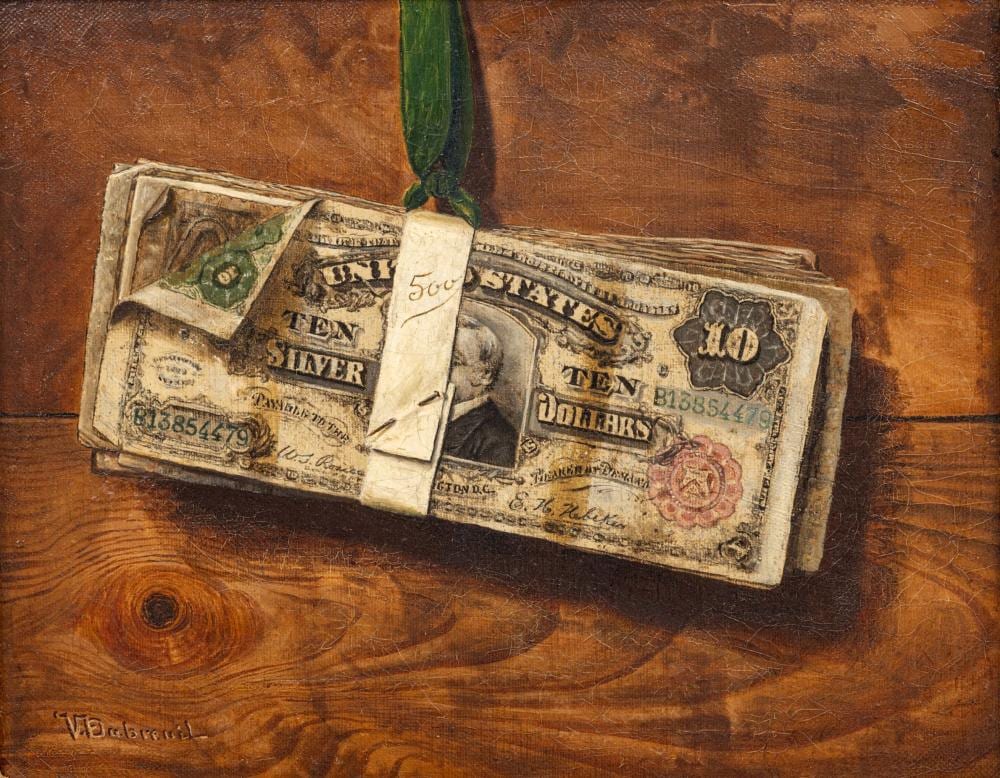 Victor Dubreuil comparable auction result: victor dubreuil american 1846 1946 oil on panel ten dollar silver note h 9 w 11