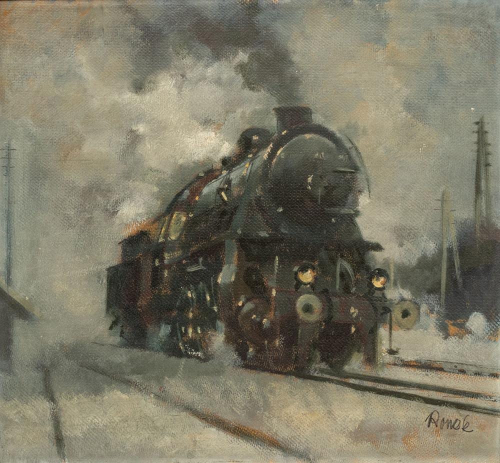 Jaroslav Ronek comparable auction result: jaroslav ronek czech republic 1892 1962 oil on canvas board steam locomotive h 19 5 w 22