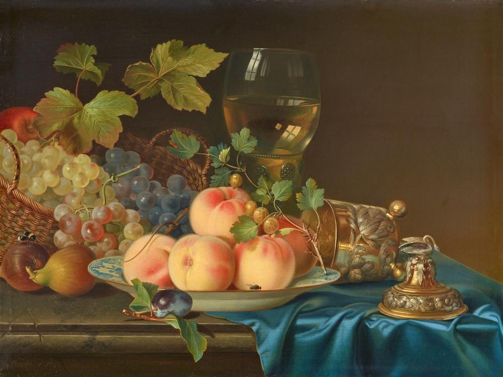 Justus Juncker comparable auction result: justus juncker still life with a chinese dish with peaches a roemer a silver covered cup and grape vines