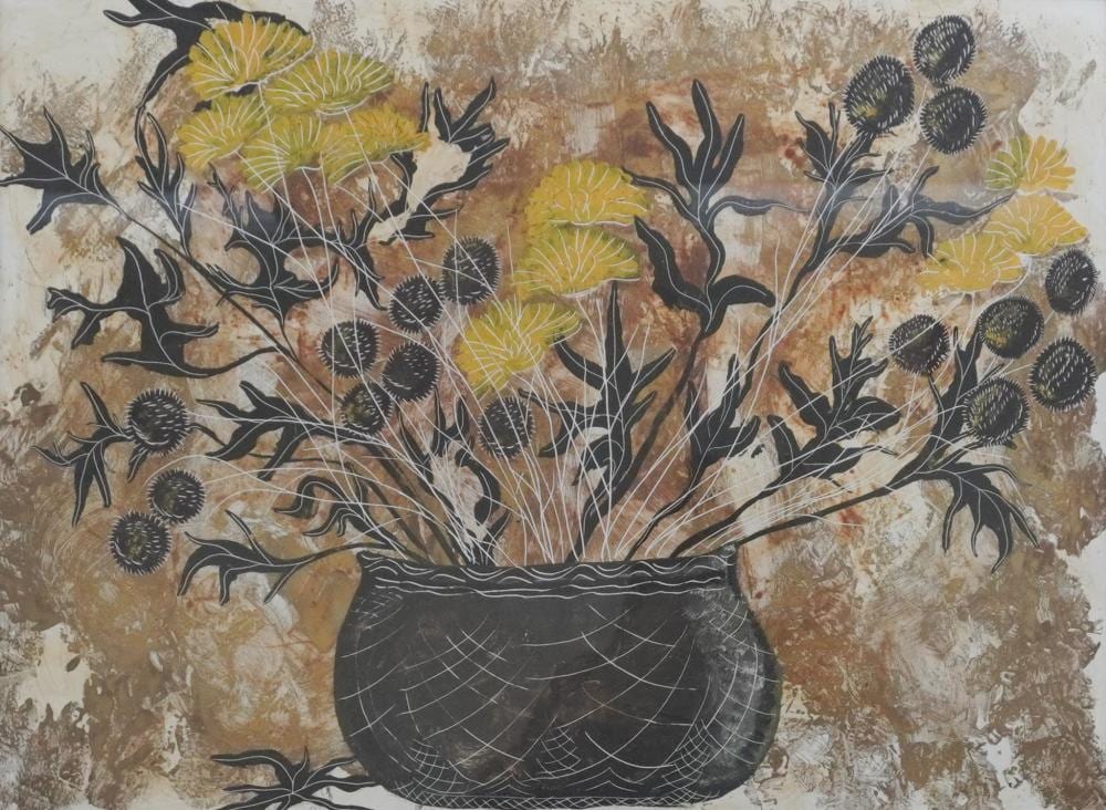 Simon Lissim comparable auction result: simon lissim american 1900 1981 yellow flowers on gold 1959 mixed media on paper signed and dated l r frame 26 1 2 x 33 in 67 3 x 83 8 cm