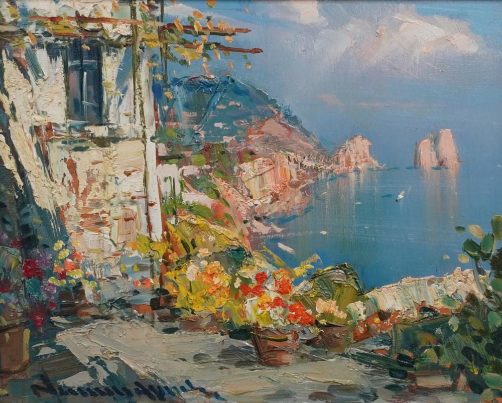 Vincenzo Aprile comparable auction result: vincenzo aprile italian b 1952 coastal italian landscape oil on panel frame 14 1 2 x 17 in 36 8 x 43 2 cm